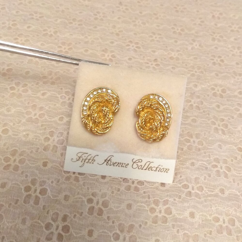 Vintage Signed Christian Dior White Clear Crystal Oval Gold Tone Clip Earrings